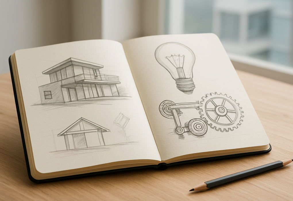 Sketchbook open with architectural designs and a light bulb concept illustration