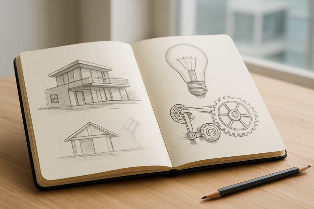 Sketchbook open with architectural designs and a light bulb concept illustration
